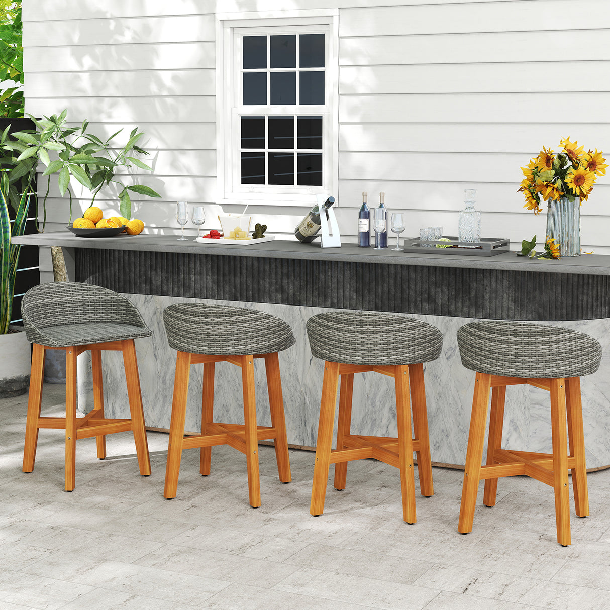 Outdoor Faux Rattan Bar Chairs Set of 2 with Ergonomic Backrests and Footrests-Gray