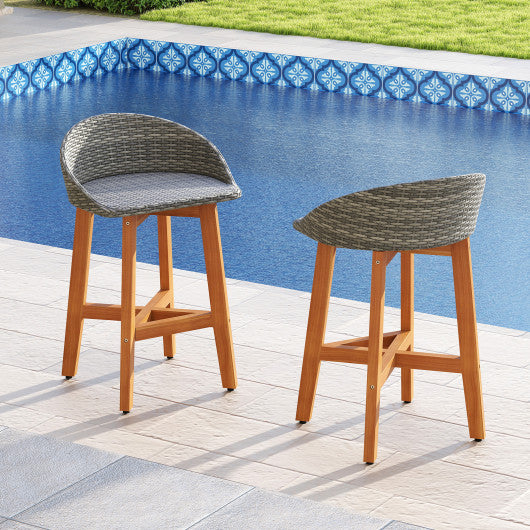 Outdoor Faux Rattan Bar Chairs Set of 2 with Ergonomic Backrests and Footrests-Gray