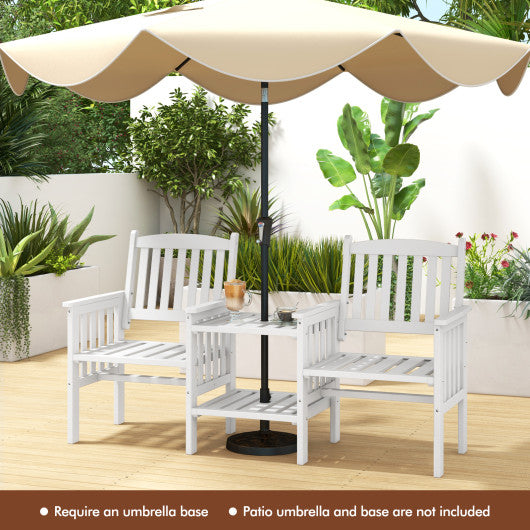 Outdoor Fir Wood Loveseat with 2-Tier Side Table and 1.96" Umbrella Hole-White