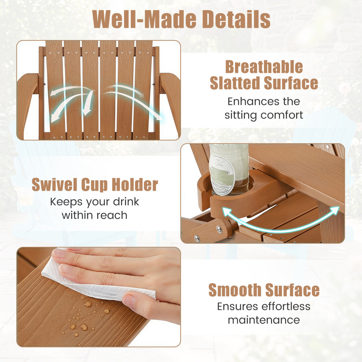 Outdoor Folding Adirondack Chair with Cup Holder and 5-Level Backrest-Coffee