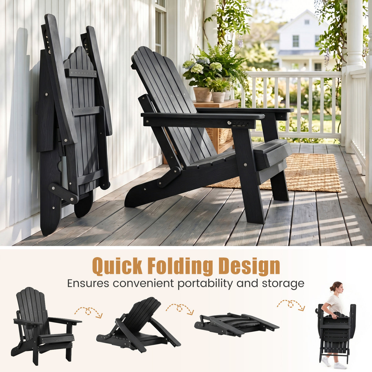 Outdoor Folding Adirondack Chair with Cup Holder and 5-Level Backrest-Black