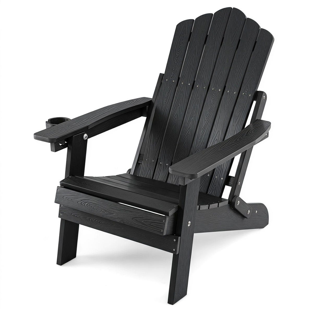 Outdoor Folding Adirondack Chair with Cup Holder and 5-Level Backrest-Black