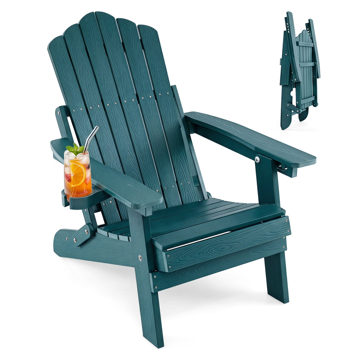 Outdoor Folding Adirondack Chair with Cup Holder and 5-Level Backrest-Green