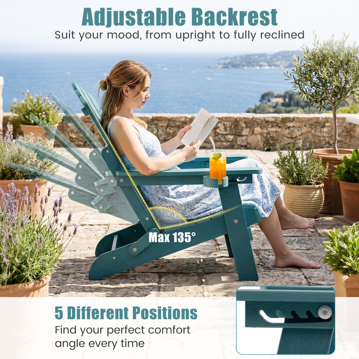 Outdoor Folding Adirondack Chair with Cup Holder and 5-Level Backrest-Green