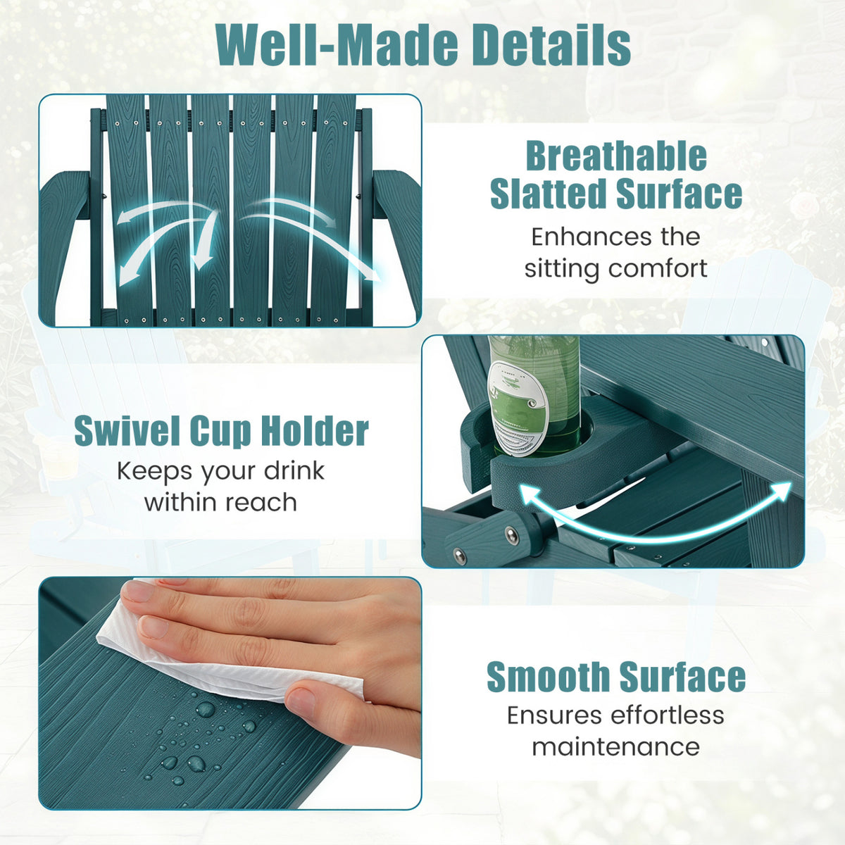 Outdoor Folding Adirondack Chair with Cup Holder and 5-Level Backrest-Green