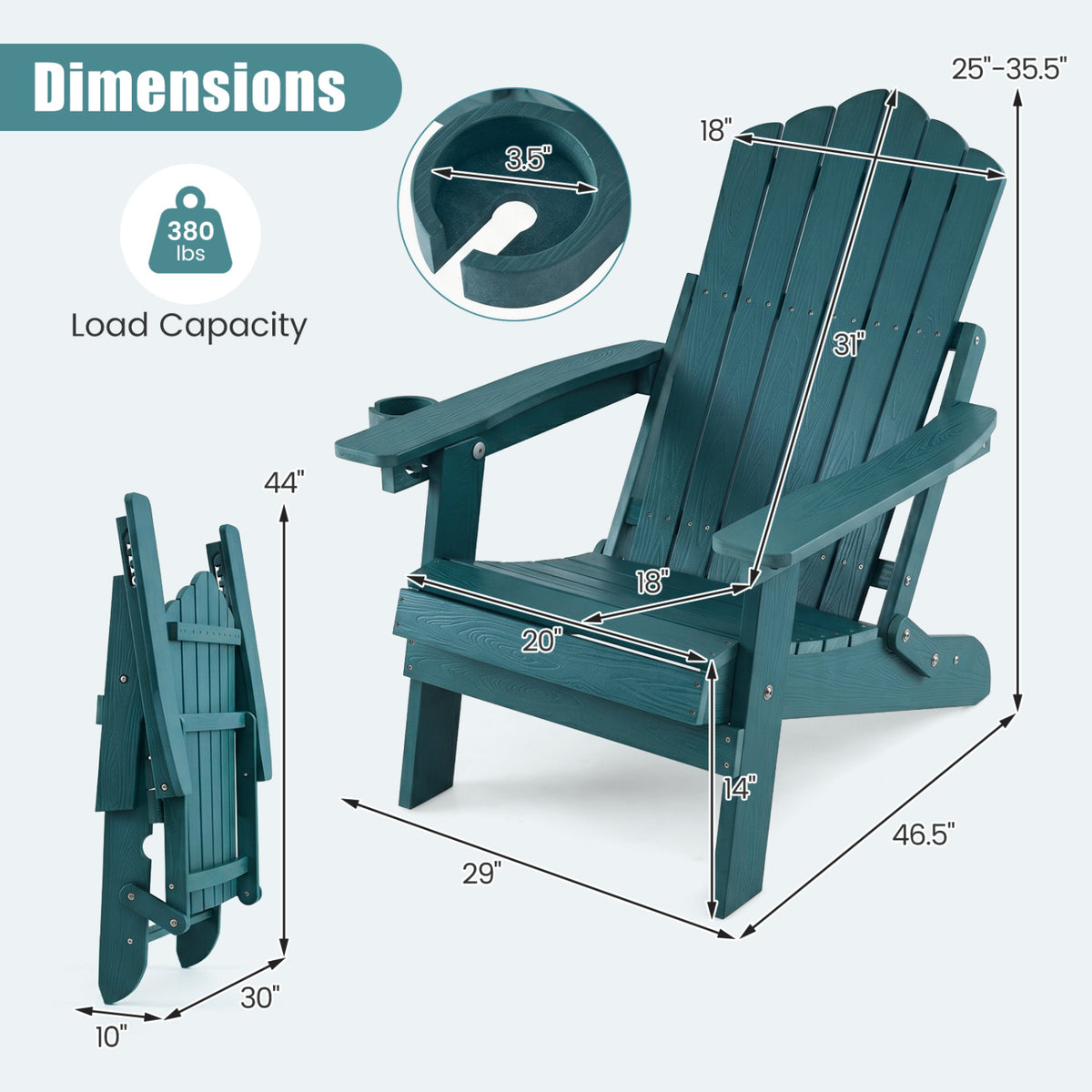 Outdoor Folding Adirondack Chair with Cup Holder and 5-Level Backrest-Green