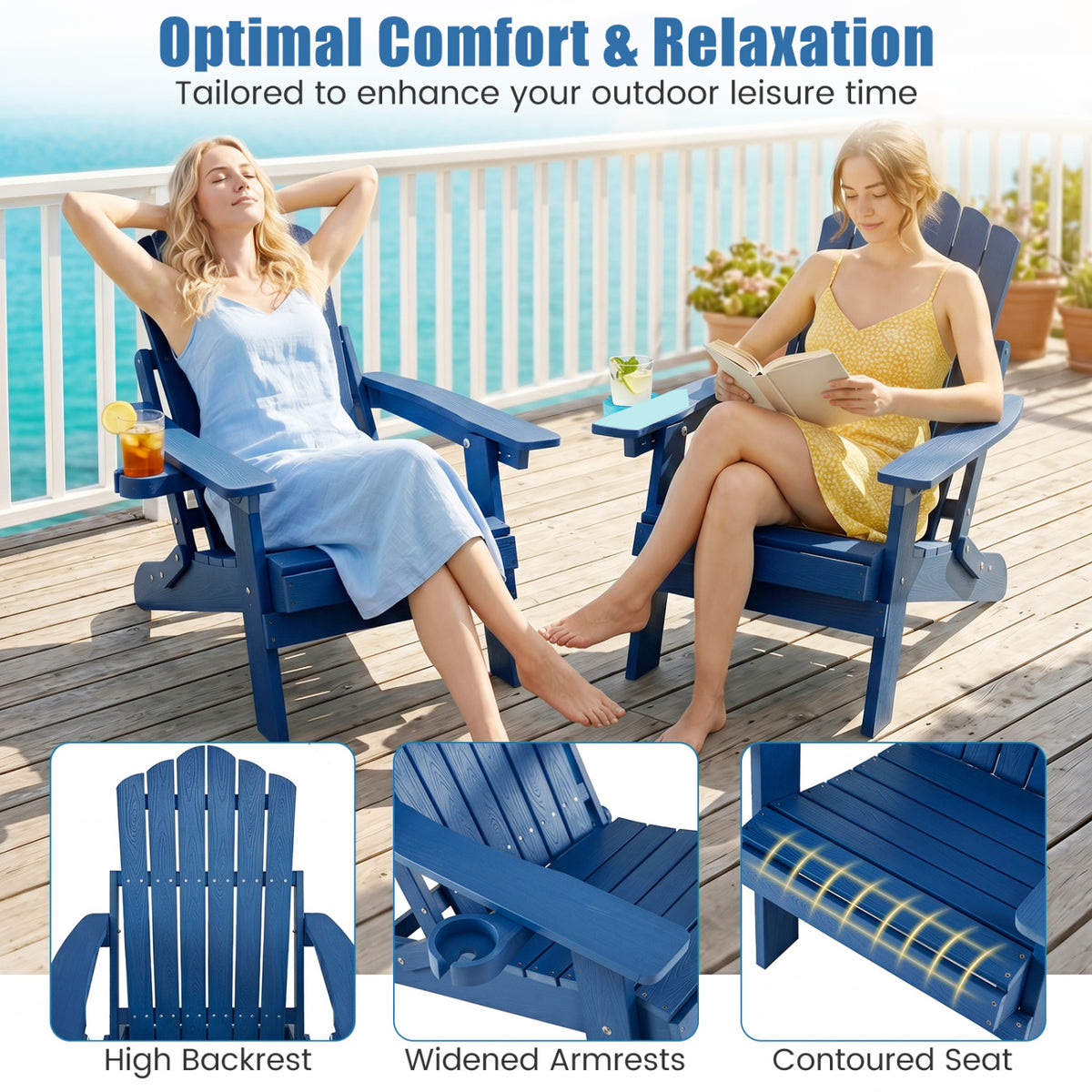 Outdoor Folding Adirondack Chair with Cup Holder and 5-Level Backrest-Navy