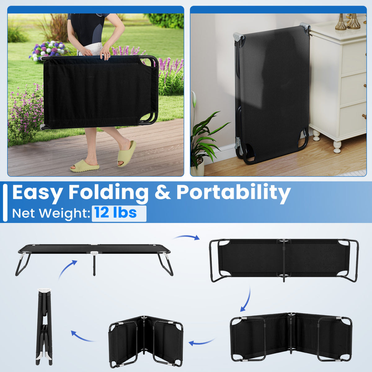 Outdoor Folding Camping Bed for Sleeping Hiking Travel-Black