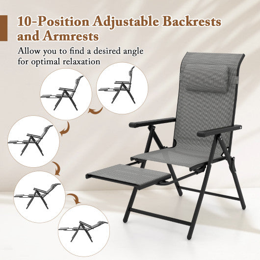 Folding Patio Chairs Set of 2 with 10-Level Adjustable Backrests and Armrests-Grey