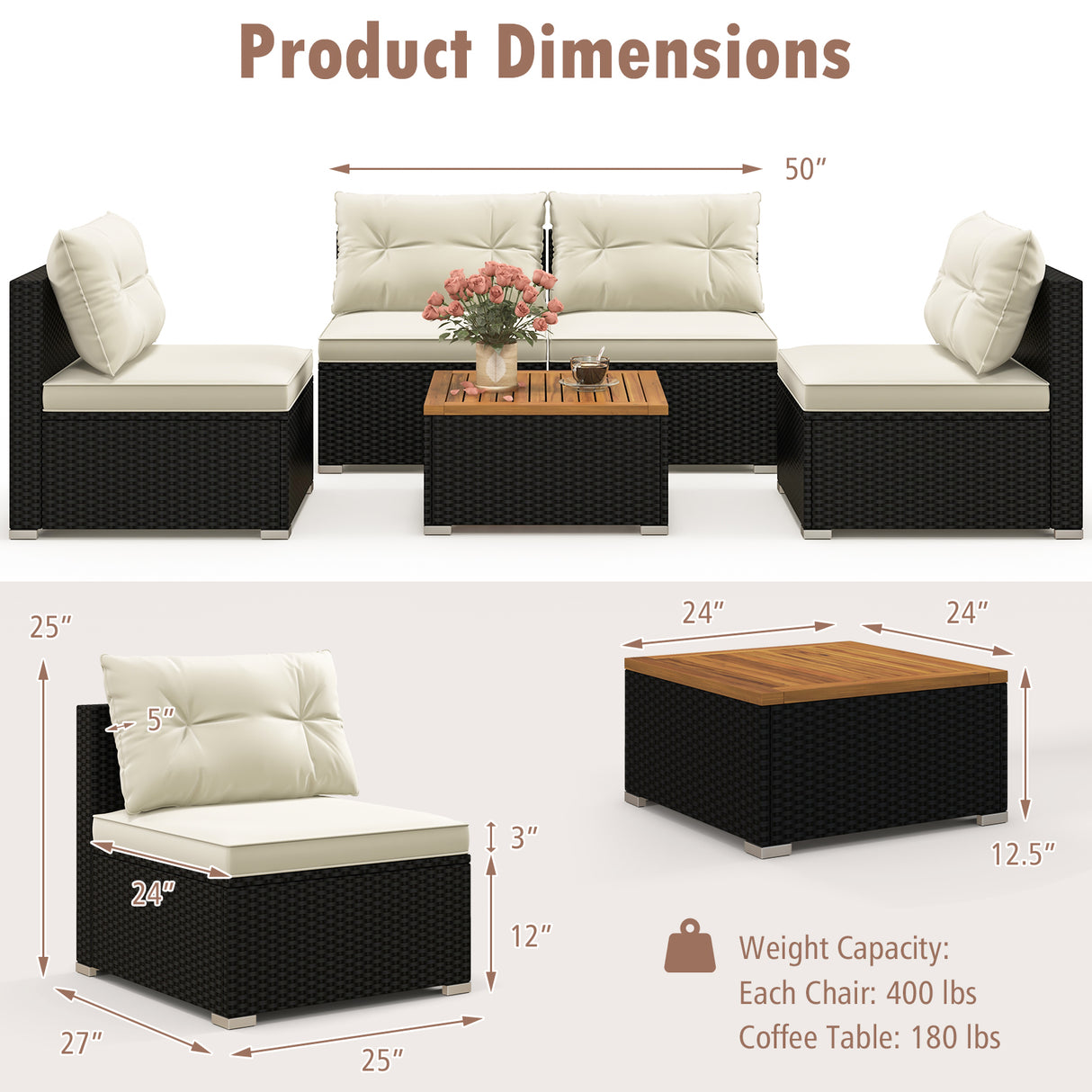 5 Piece Outdoor Furniture Set with Solid Tabletop and Soft Cushions-Off White