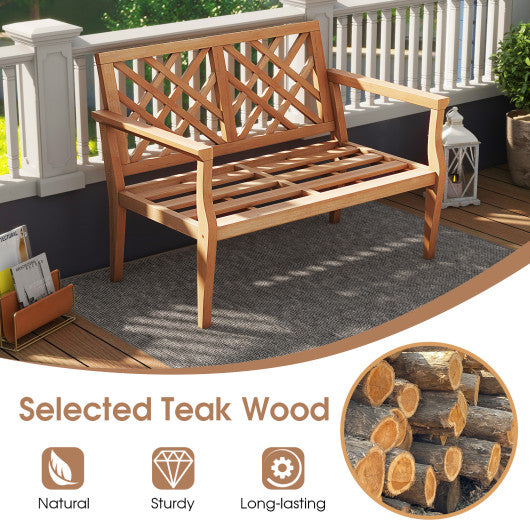 Outdoor Garden Bench 2-Person Teak Wood Bench with Comfy Armrests and Backrest