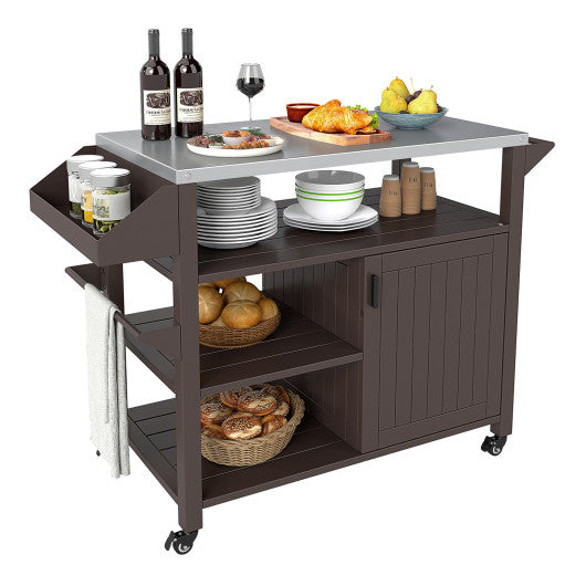 Outdoor Grill Cart with Storage Cabinet Shelves and Stainless Steel Top-Brown