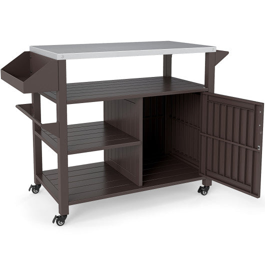 Outdoor Grill Cart with Storage Cabinet Shelves and Stainless Steel Top-Brown