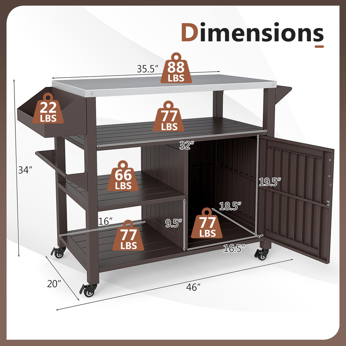 Outdoor Grill Cart with Storage Cabinet Shelves and Stainless Steel Top-Brown