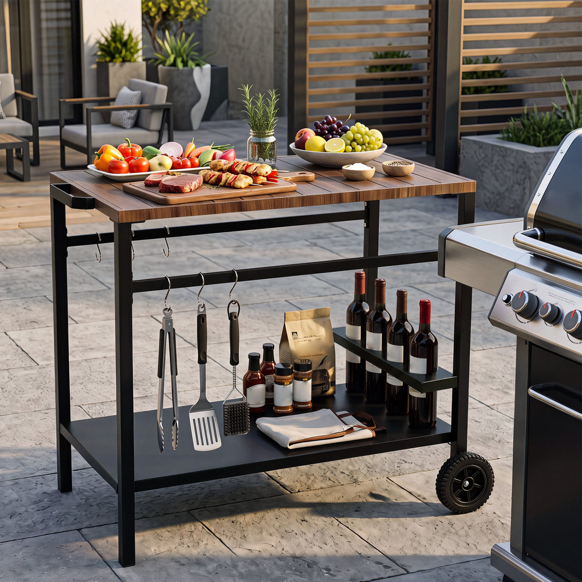 Outdoor Grill Cart with Spice Rack and Hooks for Patio and Garden-Brown