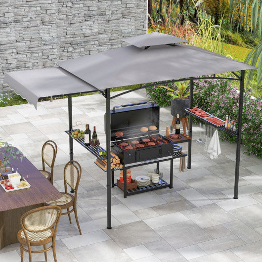 10.5 x 5 FT Grill Gazebo with Side Awning and Double-Tiered Top-Gray