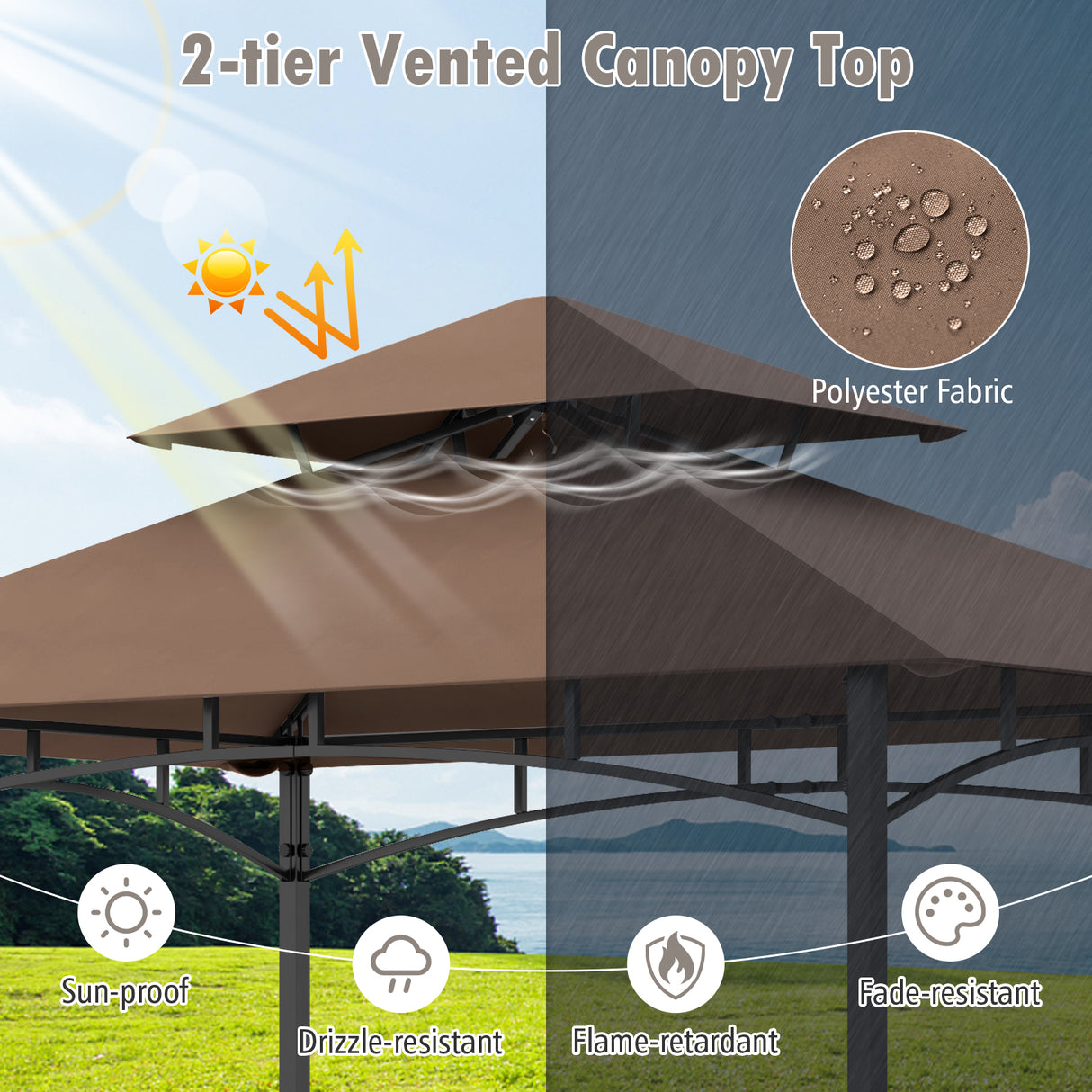 8 x 5 Feet Outdoor Grill Gazebo with 2 Side Shelves and 10 Hooks-Brown