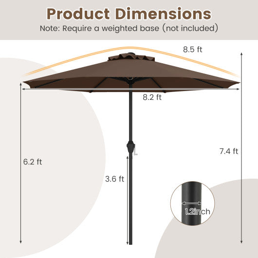 Outdoor Heavy Duty Market Umbrella with Crank Handle and 8 Sturdy Ribs-Brown
