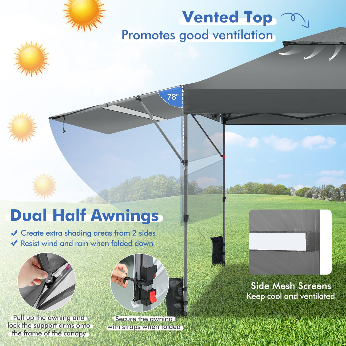 10 x 17.6 Feet Outdoor Instant Pop-up Canopy Tent with Dual Half Awnings-Gray by DirectDeals