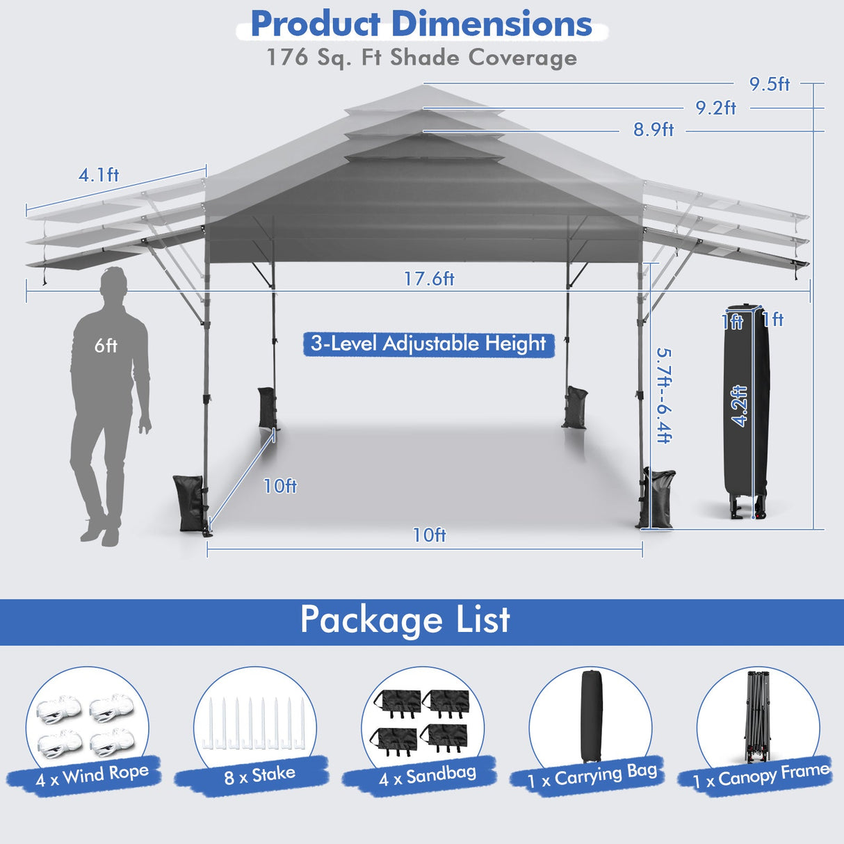 10 x 17.6 Feet Outdoor Instant Pop-up Canopy Tent with Dual Half Awnings-Gray by DirectDeals