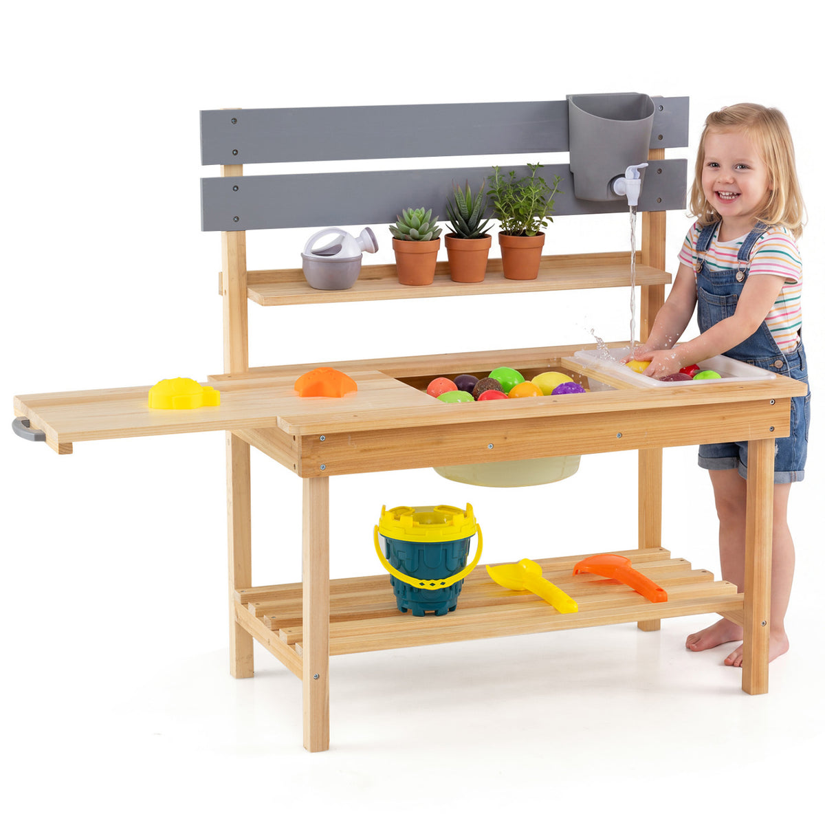 Outdoor Kids Mud Kitchen with Extended Tabletop and Water Tank-Natural