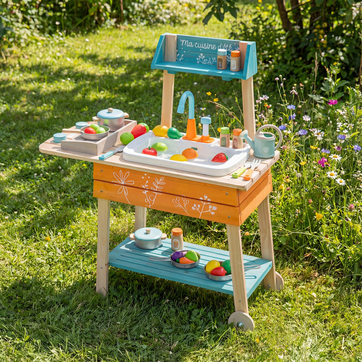 Outdoor Kids Play Kitchen Set Wooden Toy Kitchen Playset with Removable Sink-Orange
