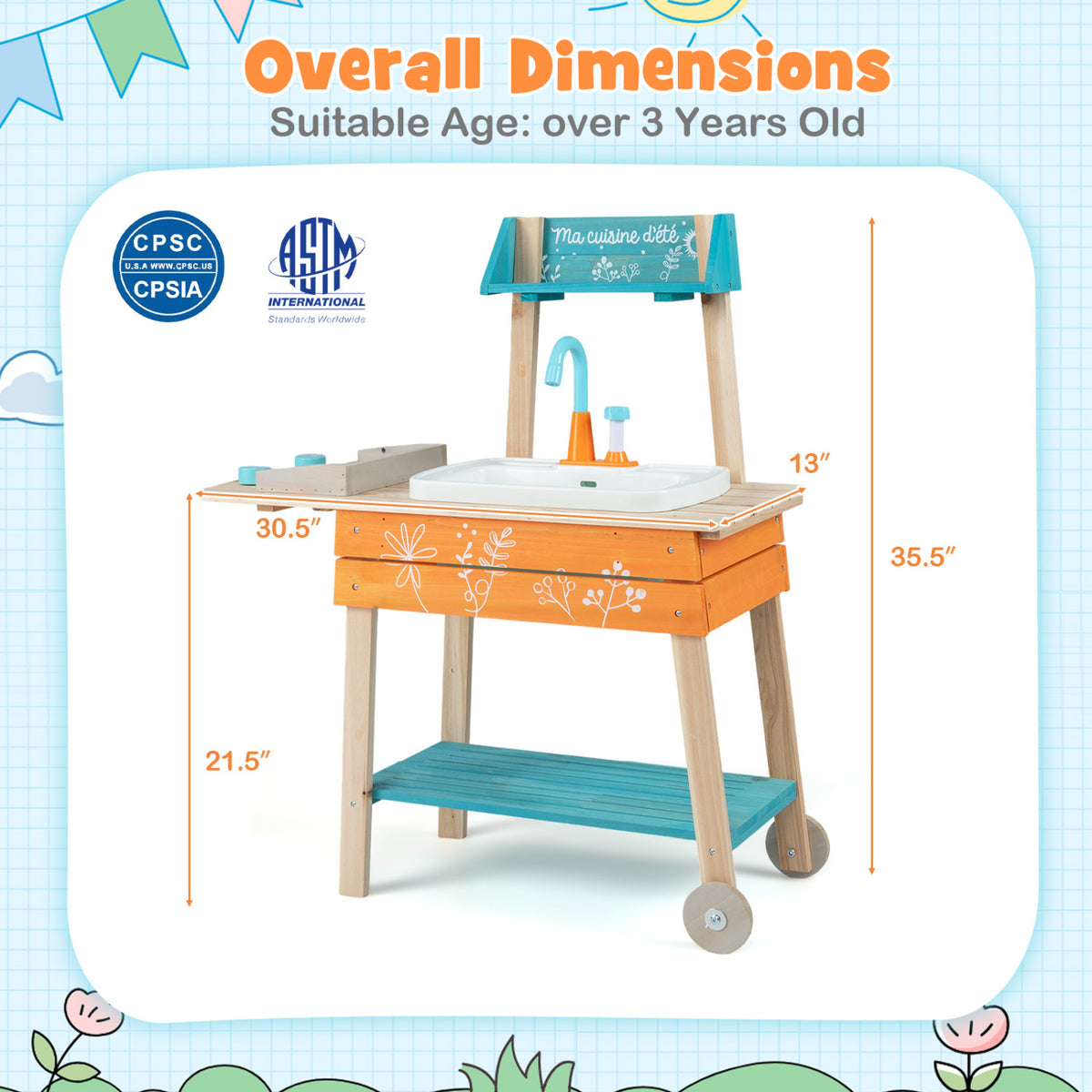Outdoor Kids Play Kitchen Set Wooden Toy Kitchen Playset with Removable Sink-Orange
