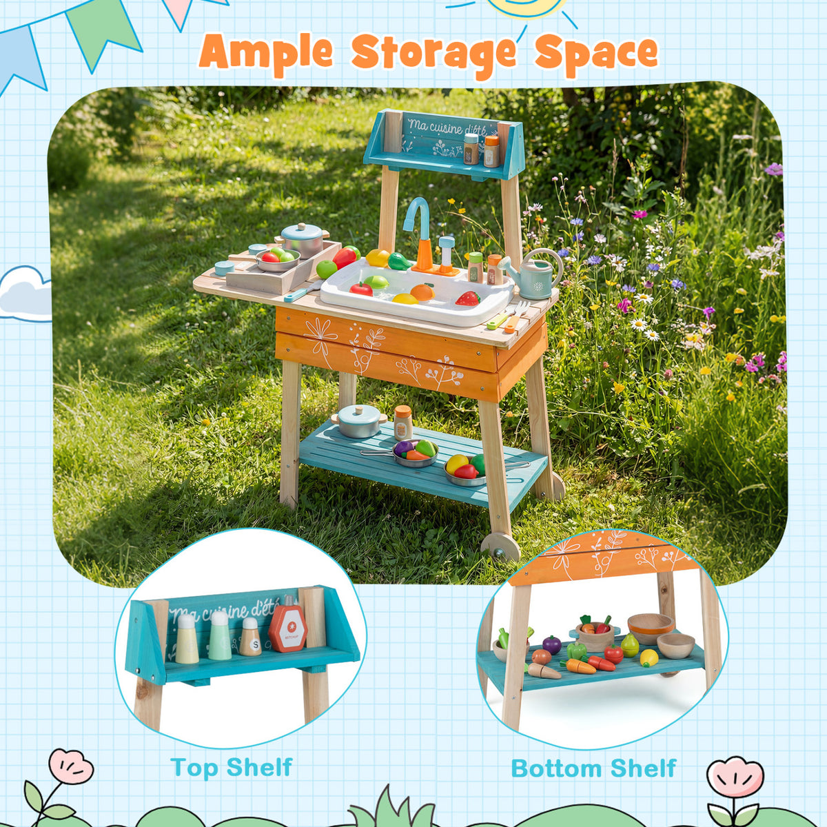Outdoor Kids Play Kitchen Set Wooden Toy Kitchen Playset with Removable Sink-Orange