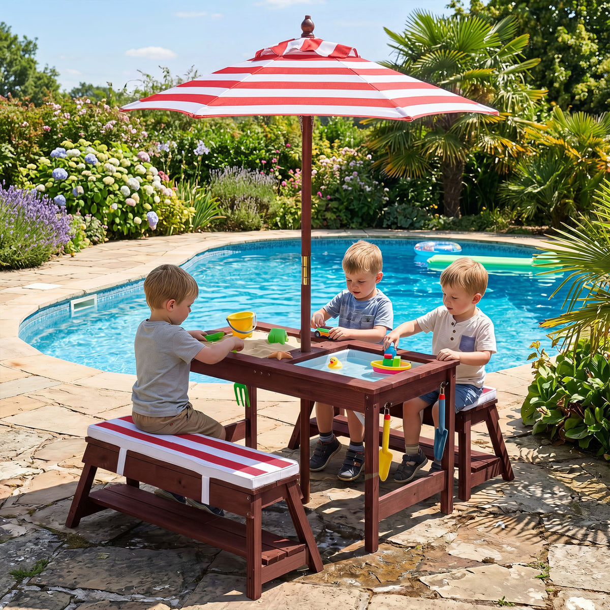 Outdoor Kids Wooden Picnic Table and Benches Set with Umbrella-Red