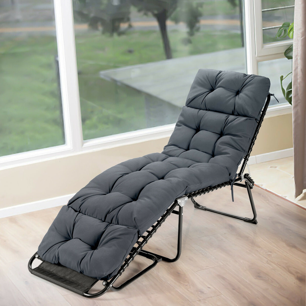 Outdoor Lounge Chaise Cushion with String Ties for Garden Poolside-Beige