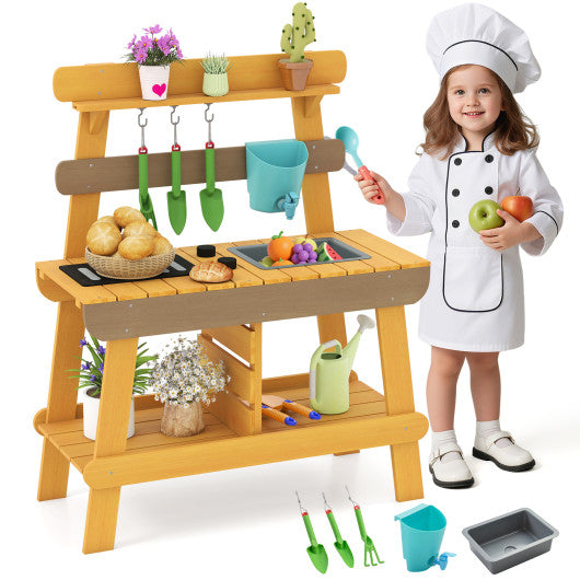 Outdoor Mud Kitchen for Kids Wooden Play Kitchen Toy for Boys Girls Aged 3-8-Yellow