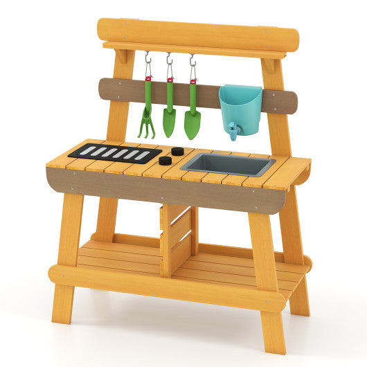 Outdoor Mud Kitchen for Kids Wooden Play Kitchen Toy for Boys Girls Aged 3-8-Yellow