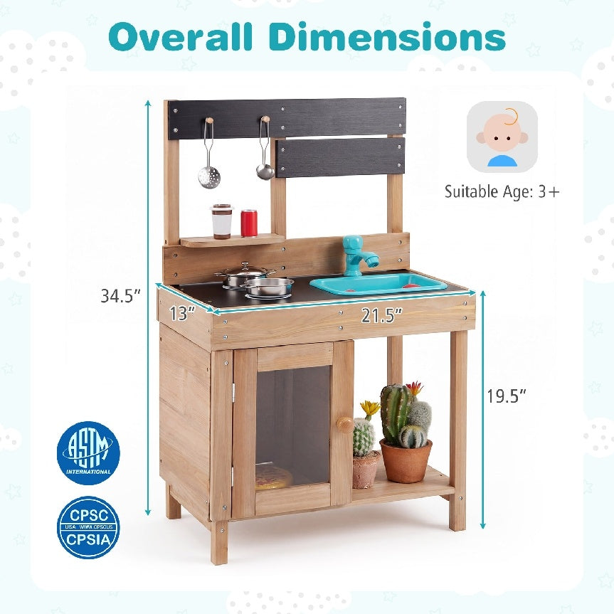 Wooden Play Pretend Kitchen with Stoves Storage Cabinet and Shelf