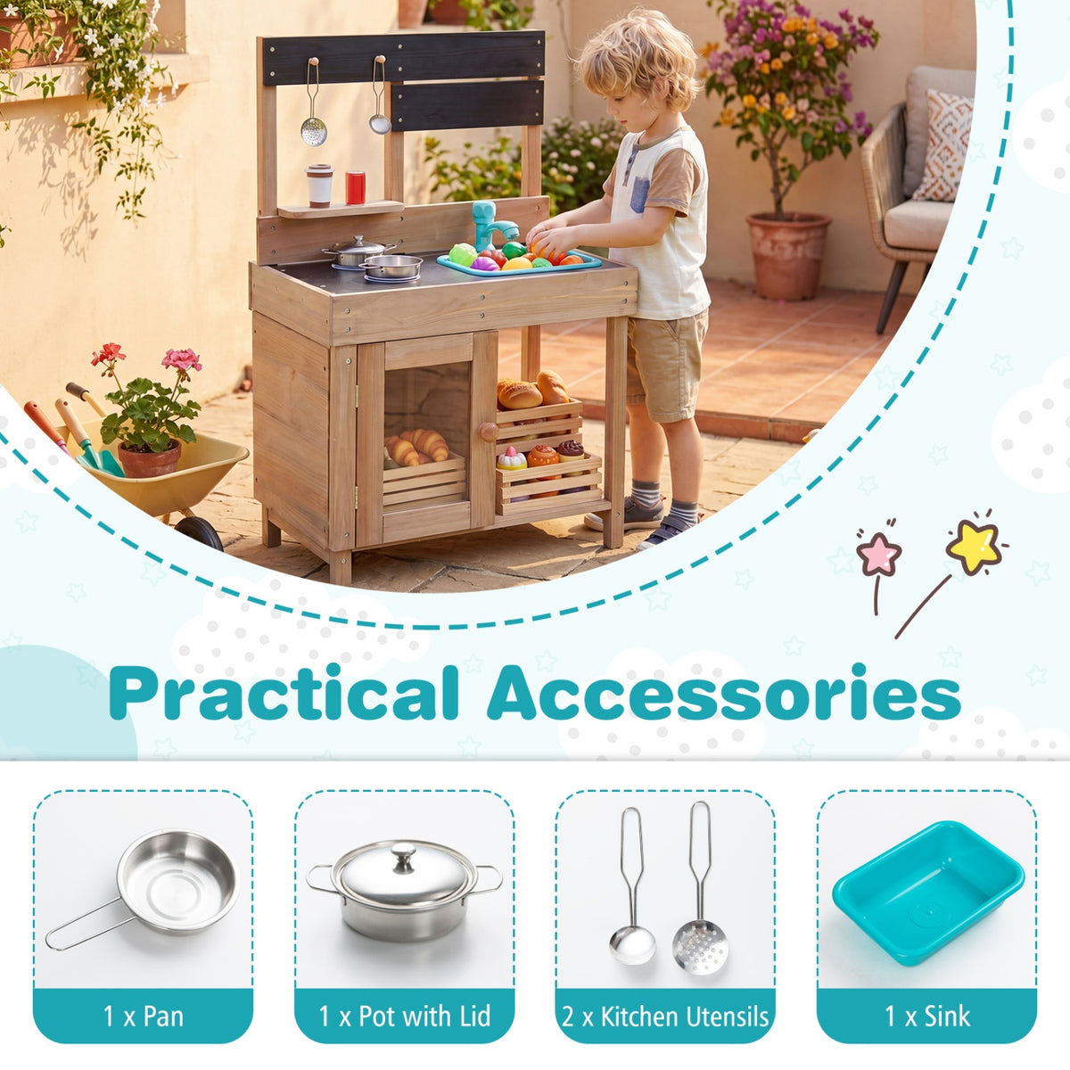 Wooden Play Pretend Kitchen with Stoves Storage Cabinet and Shelf