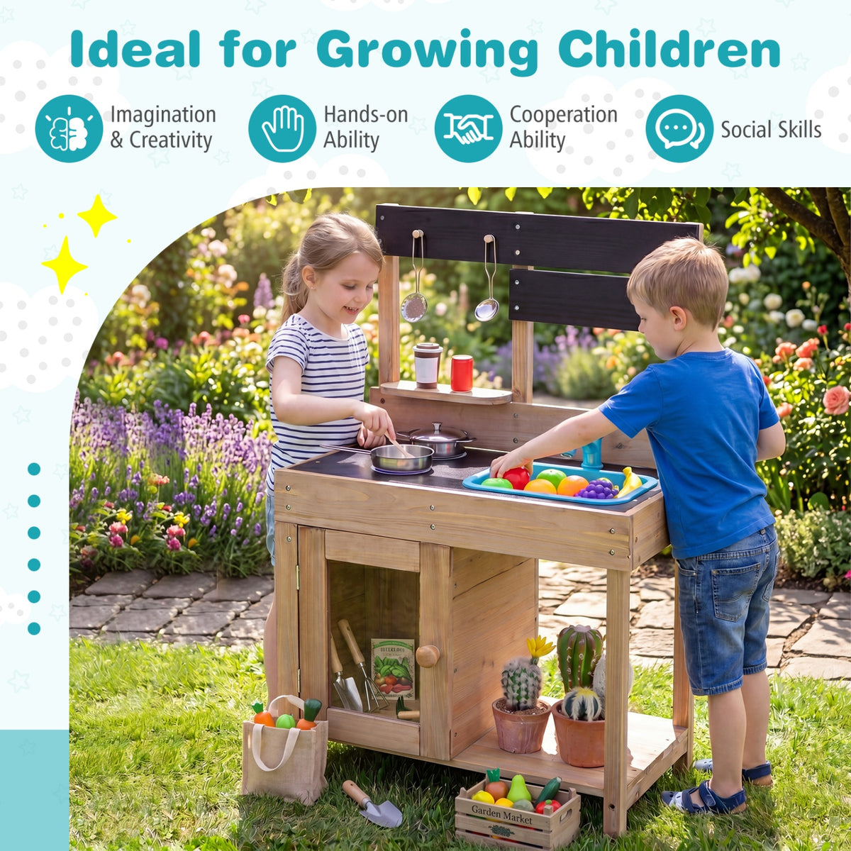 Wooden Play Pretend Kitchen with Stoves Storage Cabinet and Shelf
