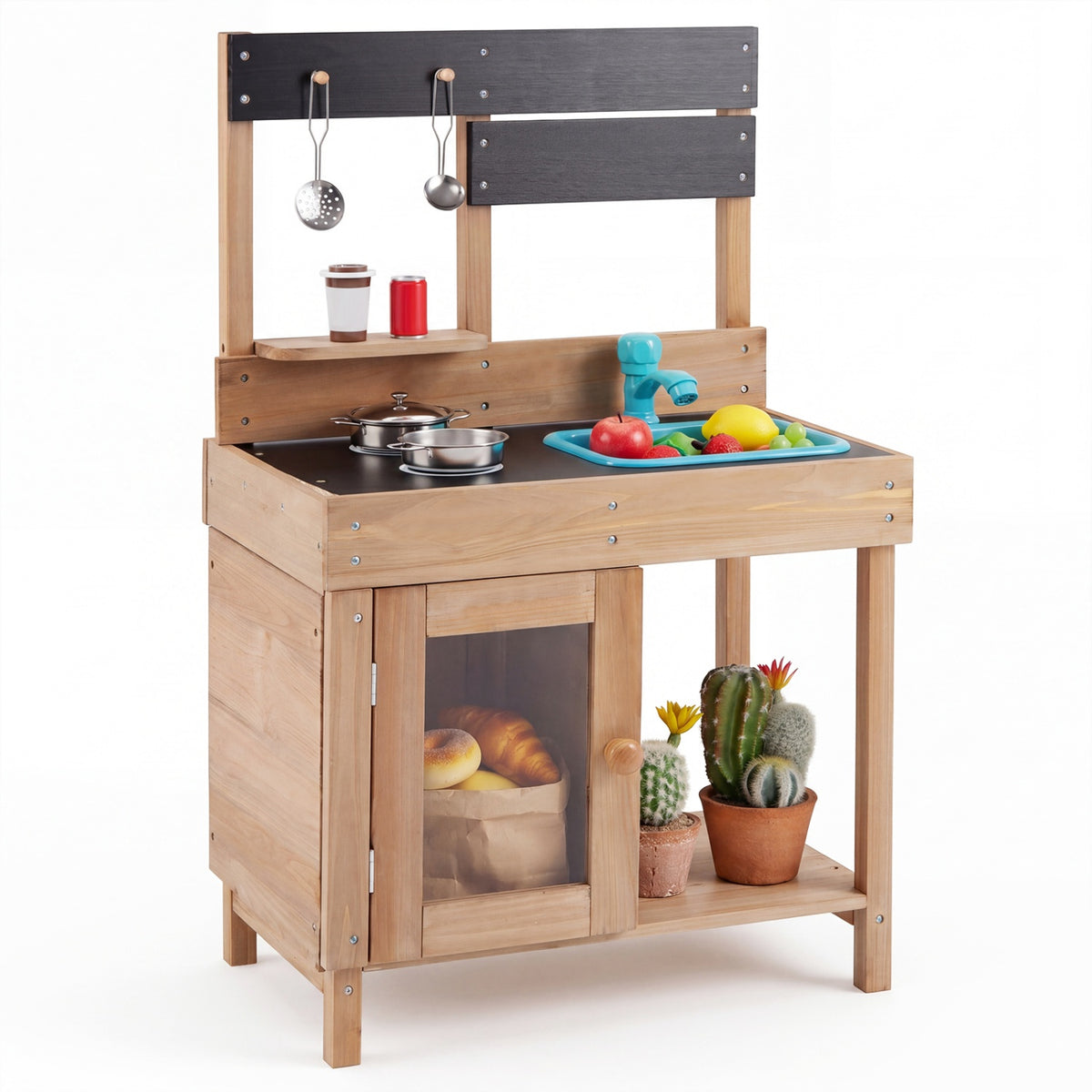 Wooden Play Pretend Kitchen with Stoves Storage Cabinet and Shelf