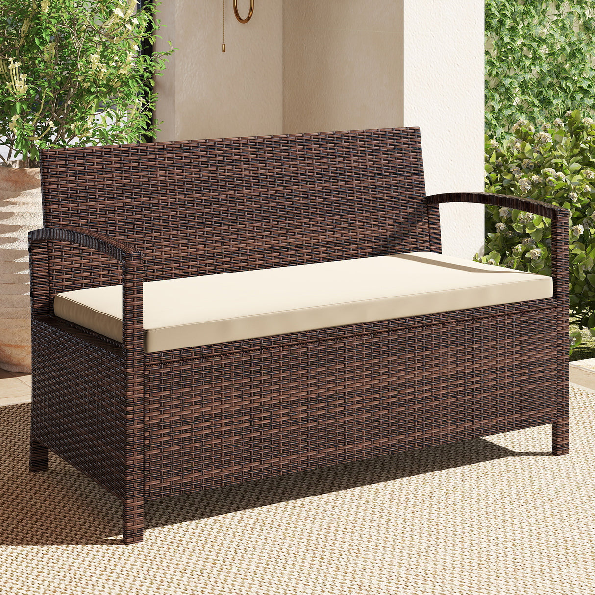 Outdoor PE Wicker Storage Bench 2 Seater with Cushion and 42 Gallon Deck Box-Beige
