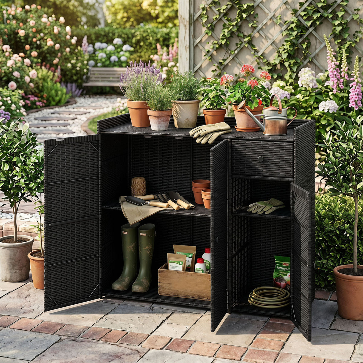 Outdoor PE Wicker Storage Cabinet with 3 Doors and Adjustable Shelves and Drawer-Black