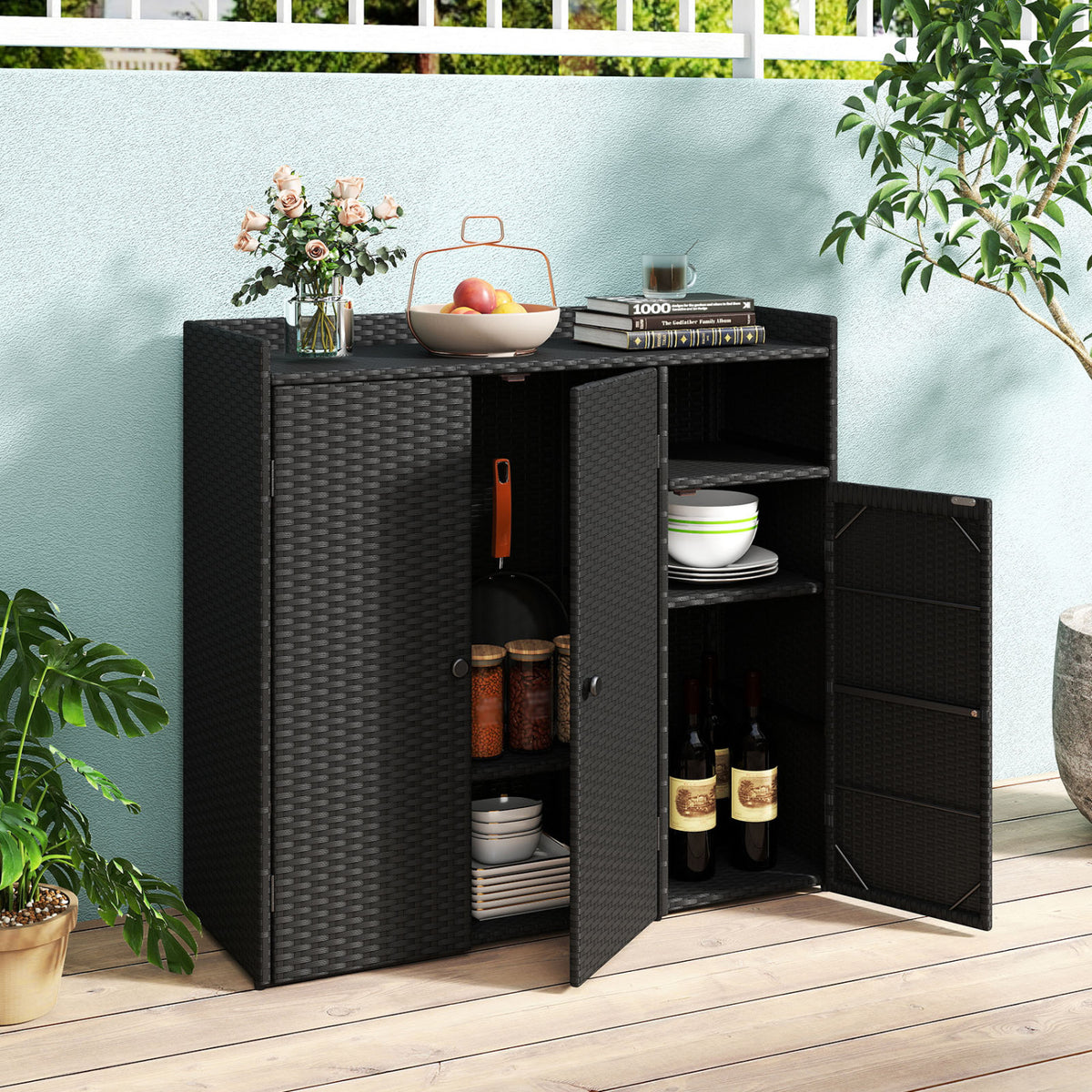 Outdoor PE Wicker Storage Cabinet with 3 Doors and Adjustable Shelves and Drawer-Black