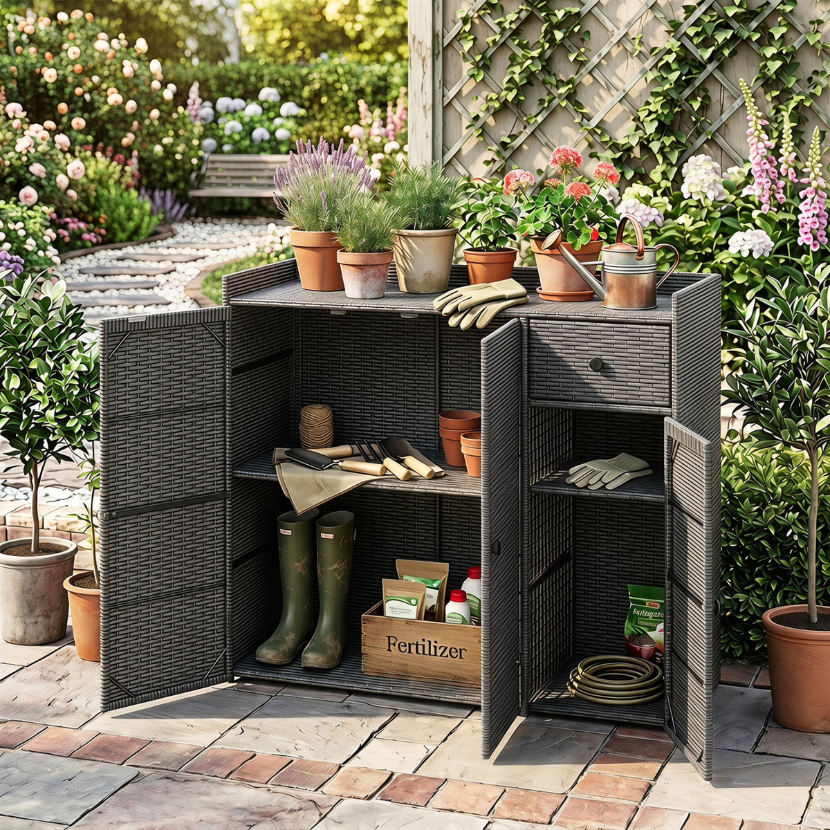 Outdoor PE Wicker Storage Cabinet with 3 Doors and Adjustable Shelves and Drawer-Gray