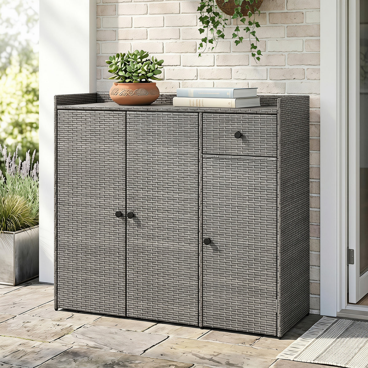 Outdoor PE Wicker Storage Cabinet with 3 Doors and Adjustable Shelves and Drawer-Gray
