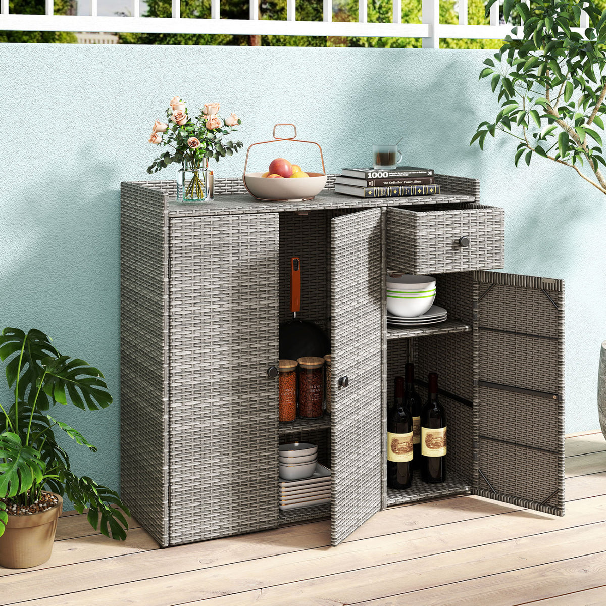 Outdoor PE Wicker Storage Cabinet with 3 Doors and Adjustable Shelves and Drawer-Gray