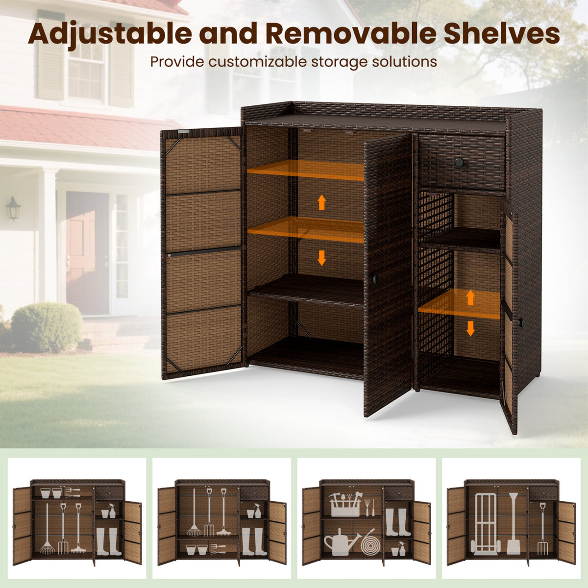 Outdoor PE Wicker Storage Cabinet with 3 Doors and Adjustable Shelves and Drawer-Brown