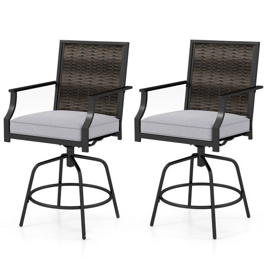 Outdoor PE Wicker Swivel Bar Stools Set of 2 Counter Height Patio Chairs with Back-Grey