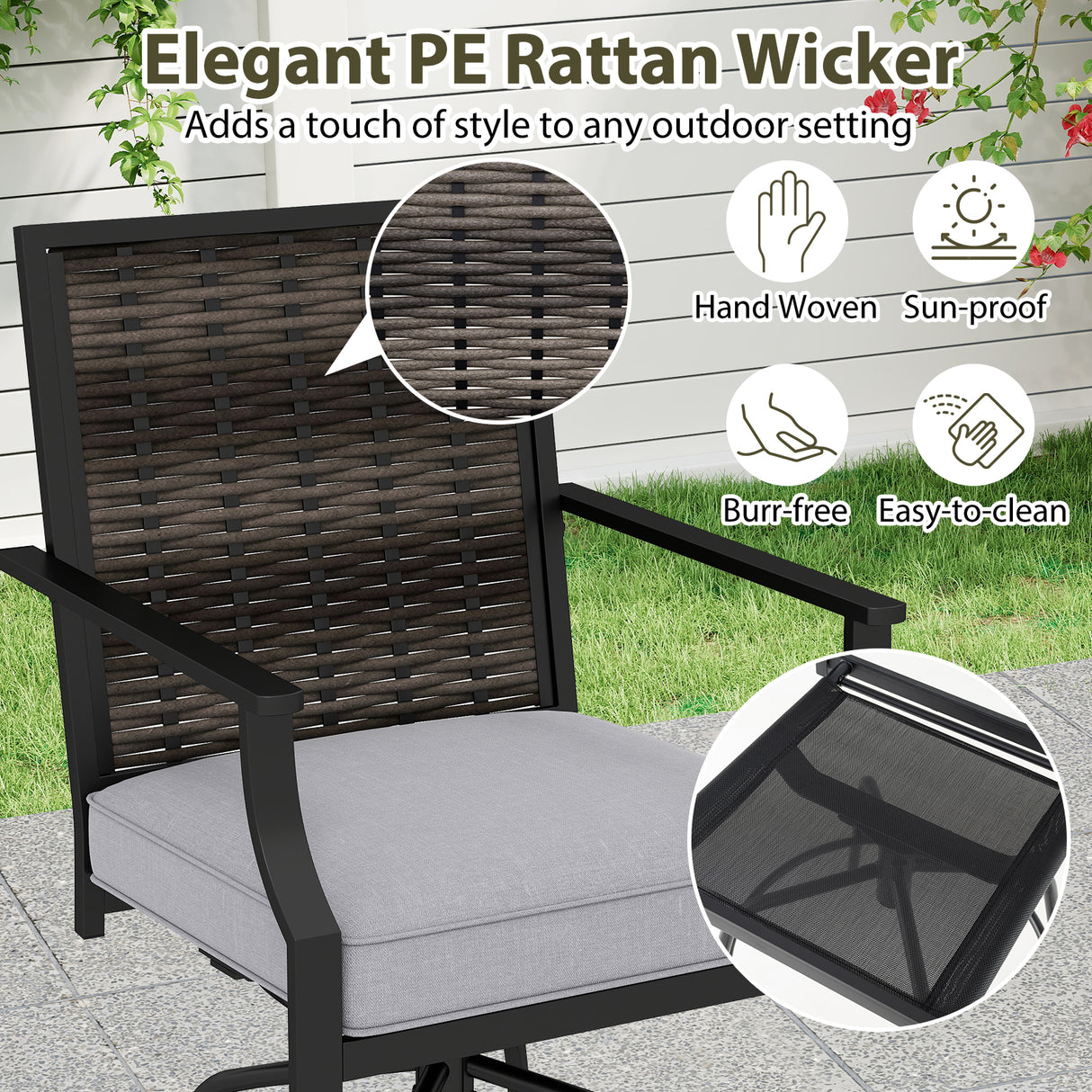 Outdoor PE Wicker Swivel Bar Stools Set of 2 Counter Height Patio Chairs with Back-Grey