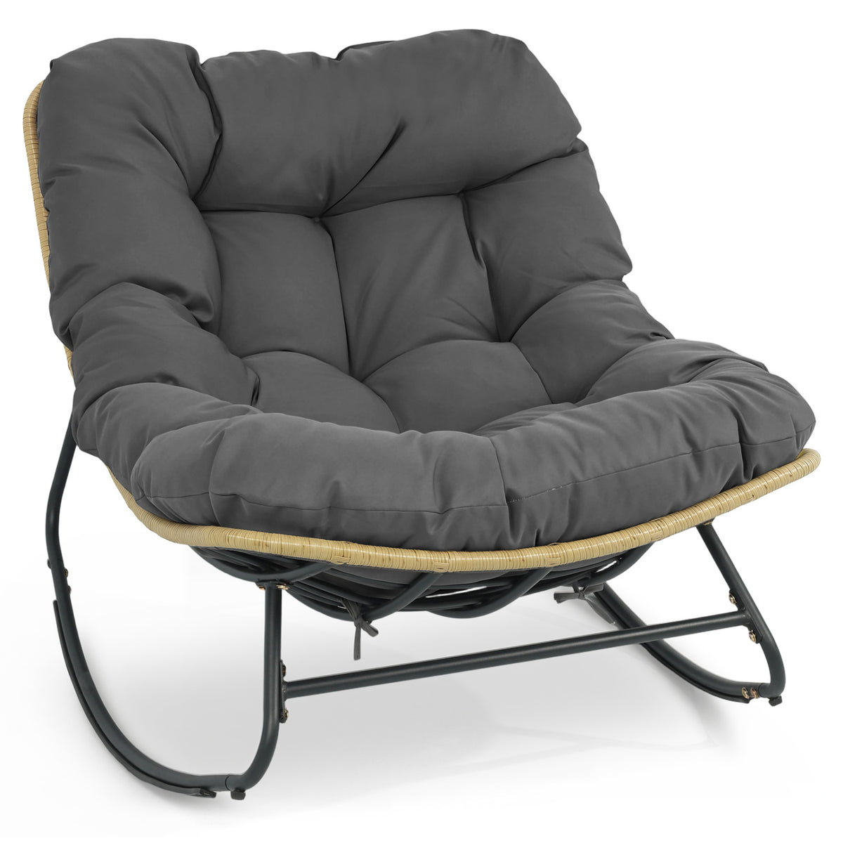 Outdoor Papasan Rocking Chair with Thick Cushioned Seat for Patio-Gray
