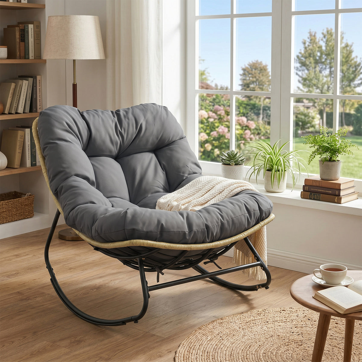 Outdoor Papasan Rocking Chair with Thick Cushioned Seat for Patio-Gray