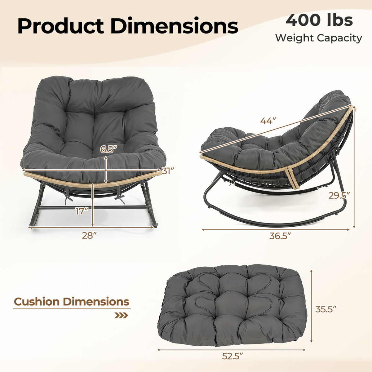 Outdoor Papasan Rocking Chair with Thick Cushioned Seat for Patio-Gray