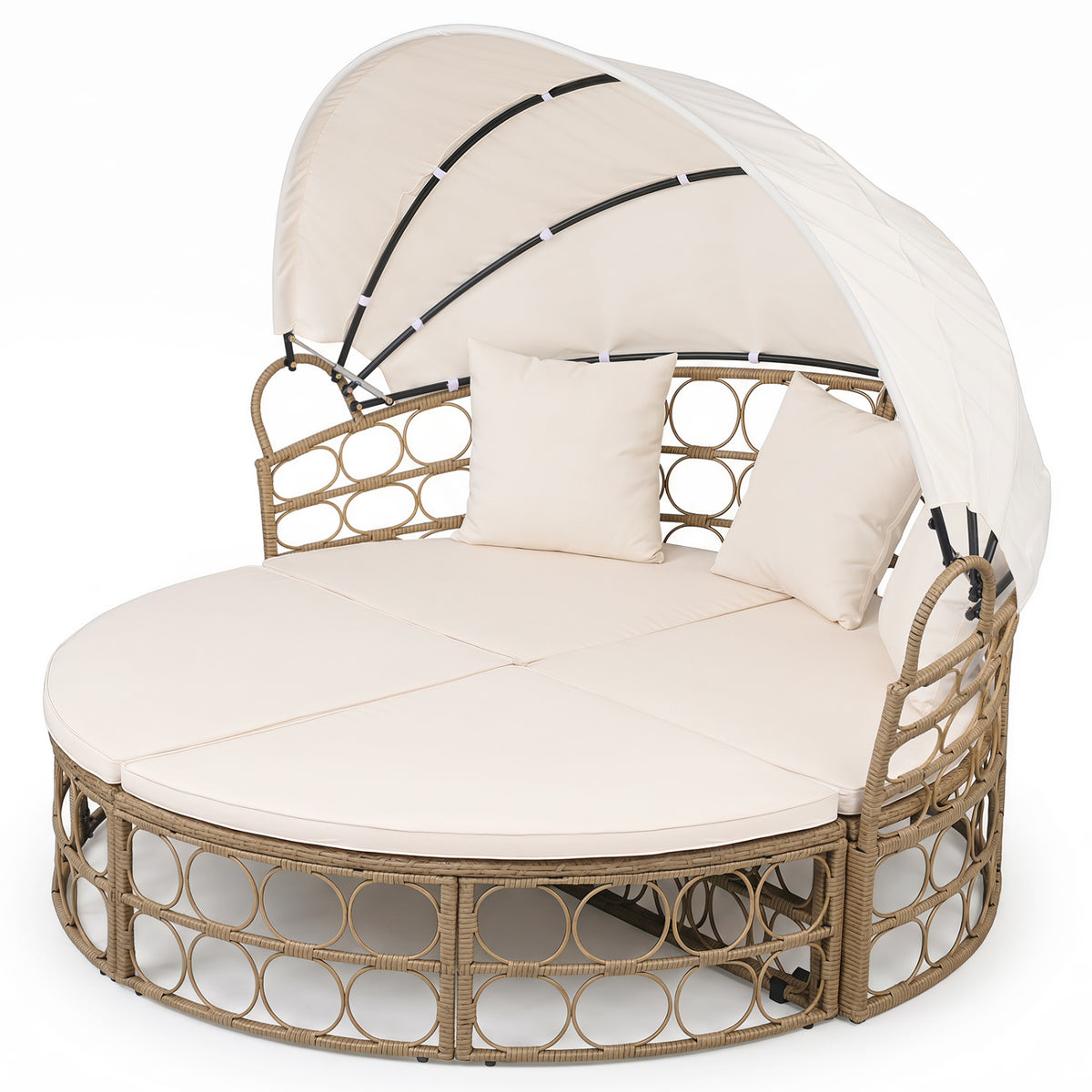 Outdoor Patio Daybed with Retractable Canopy and Cushions Yellow Wicker Rattan Furniture Set-White