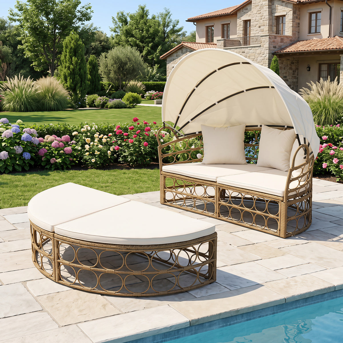 Outdoor Patio Daybed with Retractable Canopy and Cushions Yellow Wicker Rattan Furniture Set-White